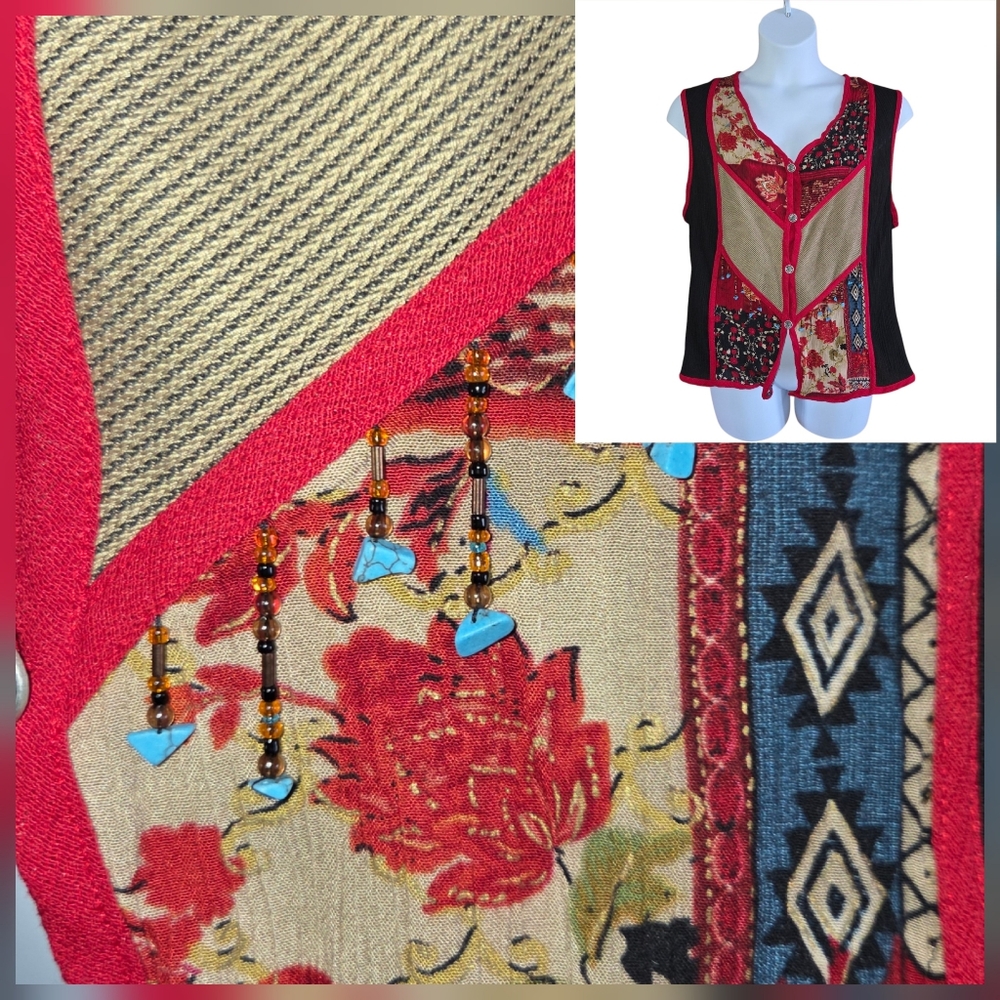 VTG Patchwork Vest Feaux Turquoise Bead Fringe KORET WOMAN 2X Viscose Red Black